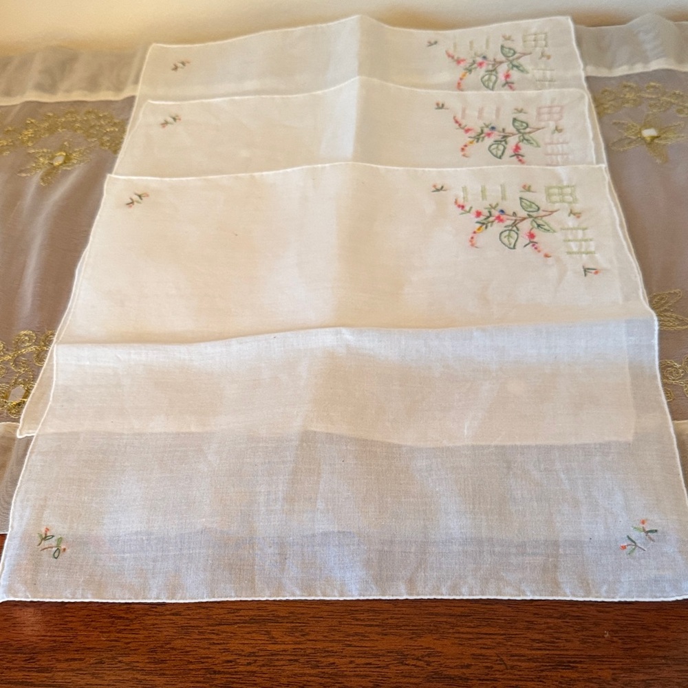 Embroidered White Linen Napkins Set of 3